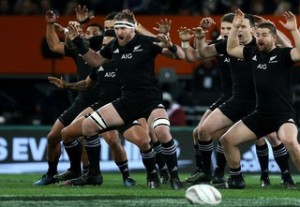 DUNEDIN, NEW ZEALAND - AUGUST 26:  The All Blacks perform the haka ahead of  The Rugby Championship Bledisloe Cup match between the New Zealand All Blacks and the Australia Wallabies at Forsyth Barr Stadium on August 26, 2017 in Dunedin, New Zealand.  (Photo by Dianne Manson/Getty Images)